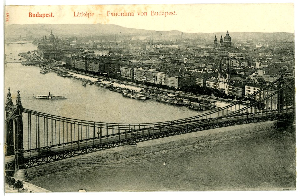 07697-Budapest-1906-Panorama - Stadt und Donau mit Schiffen-Brück & Sohn Kunstverlag