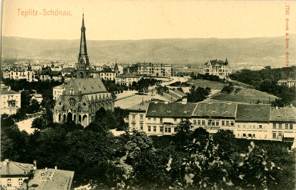 07793-Teplitz-Schönau-1906-Blick auf Stadt mit Kirche-Brück & Sohn Kunstverlag