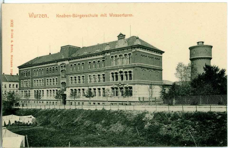 08002-Wurzen-1906-Knaben-Bürgerschule mit Wasserturm-Brück & Sohn Kunstverlag