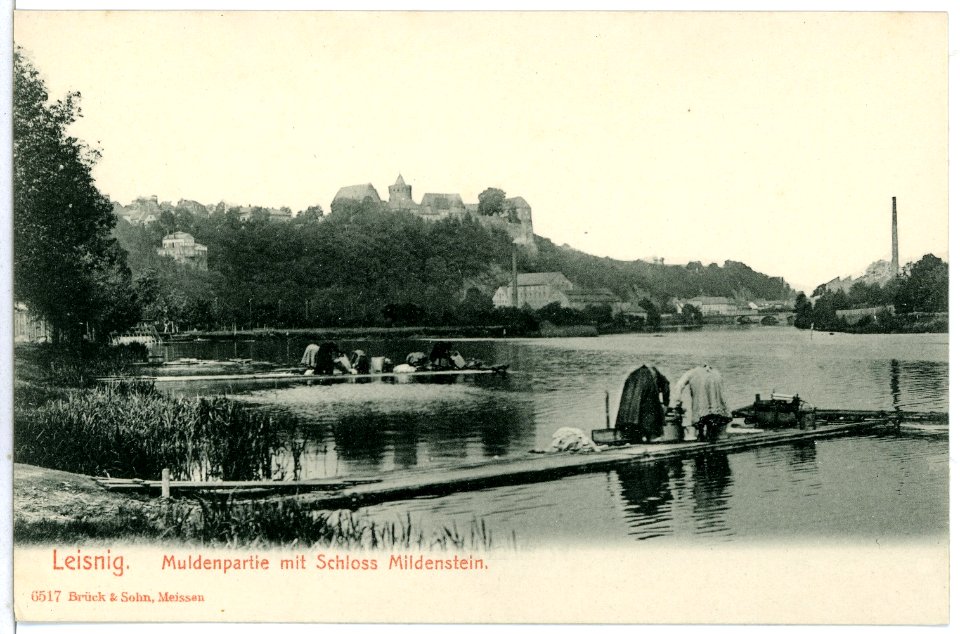 06517-Leisnig-1905-Mulde mit Schloß Mildenstein - Wäscherinnen-Brück & Sohn Kunstverlag