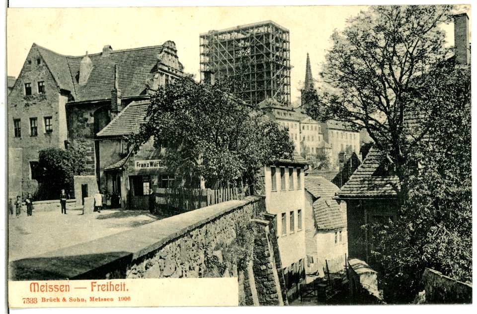 07333-Meißen-1906-Freiheit und Rote Stufen, Geschäft Franz Würfel, eing. Dom-Brück & Sohn Kunstverlag