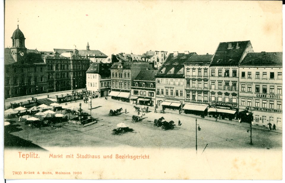 07800-Teplitz-1906-Markt mit Stadthaus und Bezirksgericht-Brück & Sohn Kunstverlag