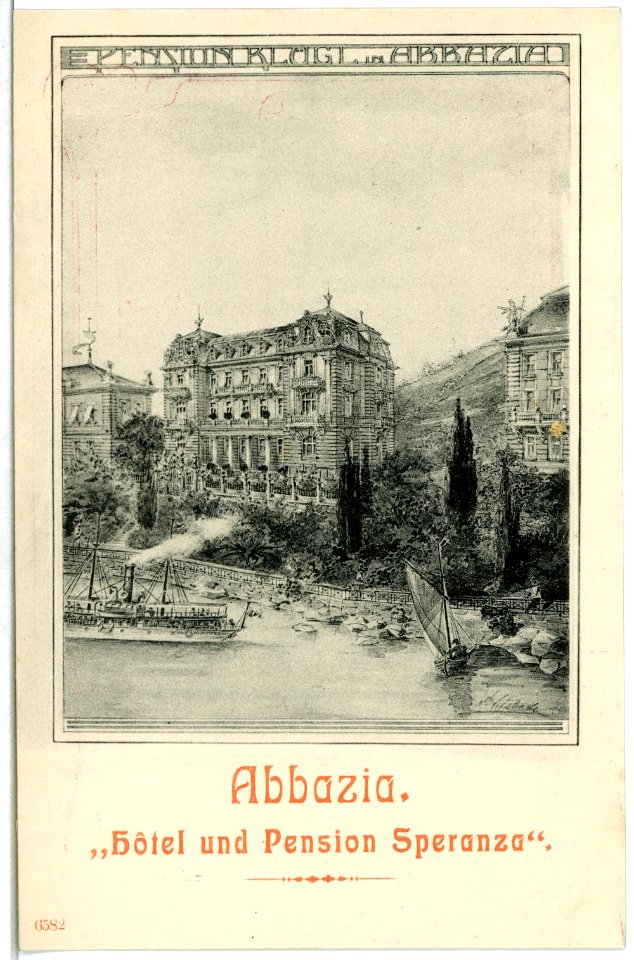 06582-Abbazia-1905-Hotel Speranza mit Dampfschiff-Brück & Sohn Kunstverlag
