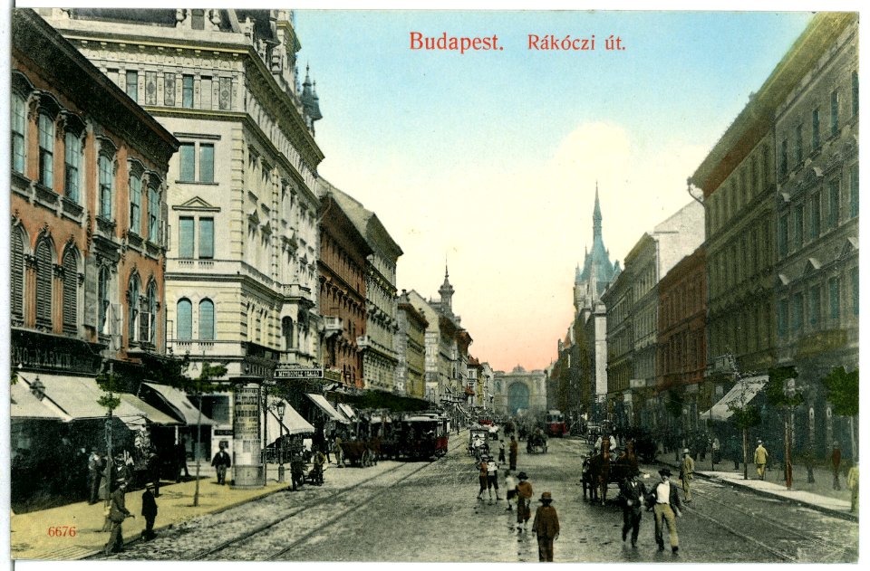 06676-Budapest-1905-Rakoczi Straße mit Straßenbahnen und Fuhrwerken-Brück & Sohn Kunstverlag