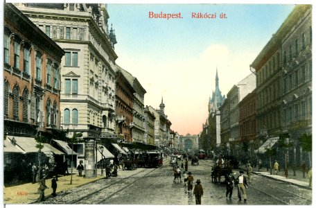 06676-Budapest-1905-Rakoczi Straße mit Straßenbahnen und Fuhrwerken-Brück & Sohn Kunstverlag