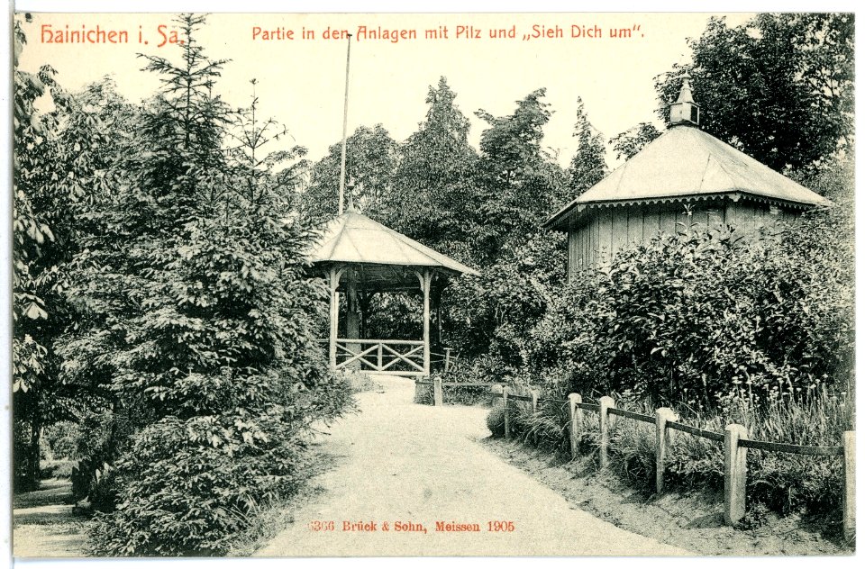 06366-Hainichen-1905-Anlagen mit Pilz und "Sieh Dich um"-Brück & Sohn Kunstverlag