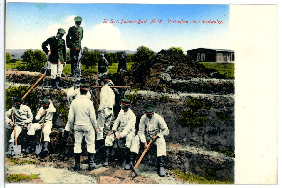 07609-Dresden-1906-1. Königlich Sächsisches Pionier-Bataillon Nr. 12 - Vortreiben einer Erdwalze-Brück & Sohn Kunstverlag