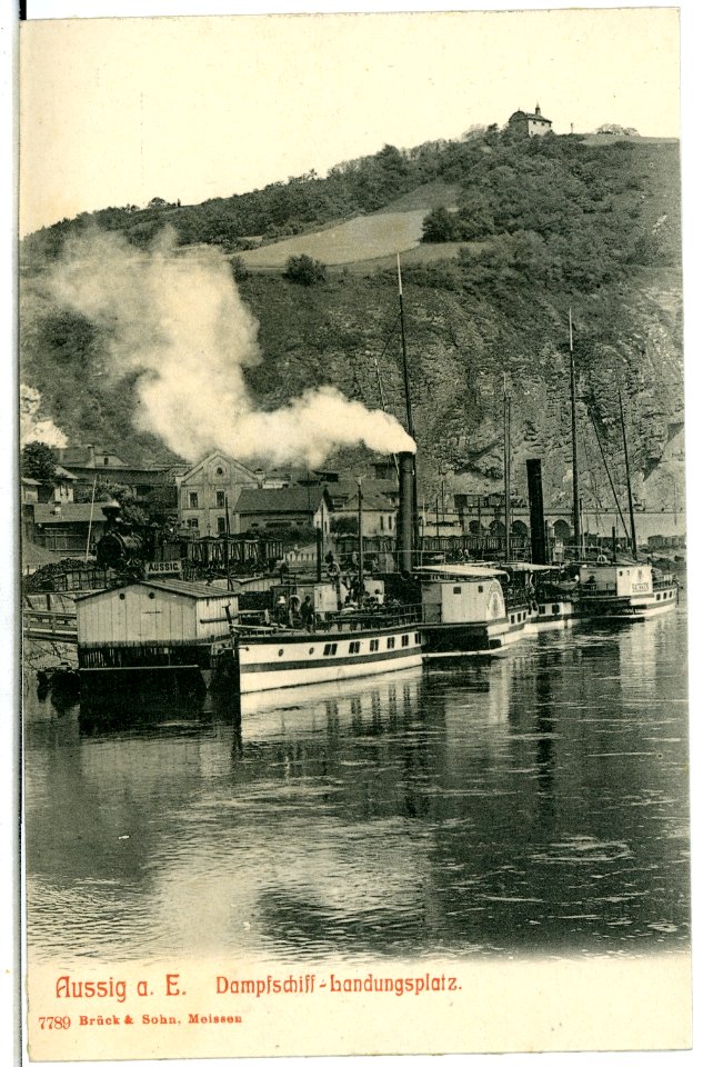 07789-Aussig-1906-Dampfschifflandungsplatz mit Dampfschiffen-Brück & Sohn Kunstverlag