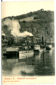 07789-Aussig-1906-Dampfschifflandungsplatz mit Dampfschiffen-Brück & Sohn Kunstverlag