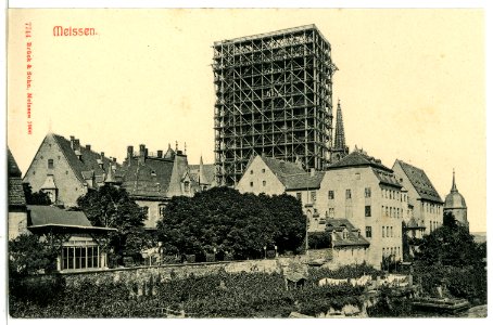 07744-Meißen-1906-Domtürme im Bau, Burgkeller mit Terrasse-Brück & Sohn Kunstverlag