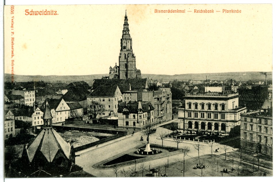 06556-Schweidnitz-1905-Bismarckdenkmal, Reichsbank, Pfarrkirche-Brück & Sohn Kunstverlag