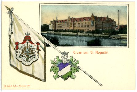 06828-Grimma-1905-St. Augustin, Ansicht mit Fahne und Wappen-Brück & Sohn Kunstverlag
