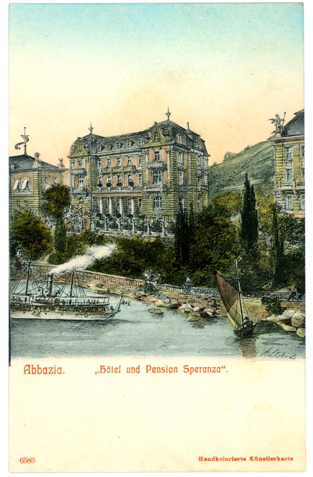 06583-Abbazia-1905-Hotel Speranza mit Dampfschiff-Brück & Sohn Kunstverlag