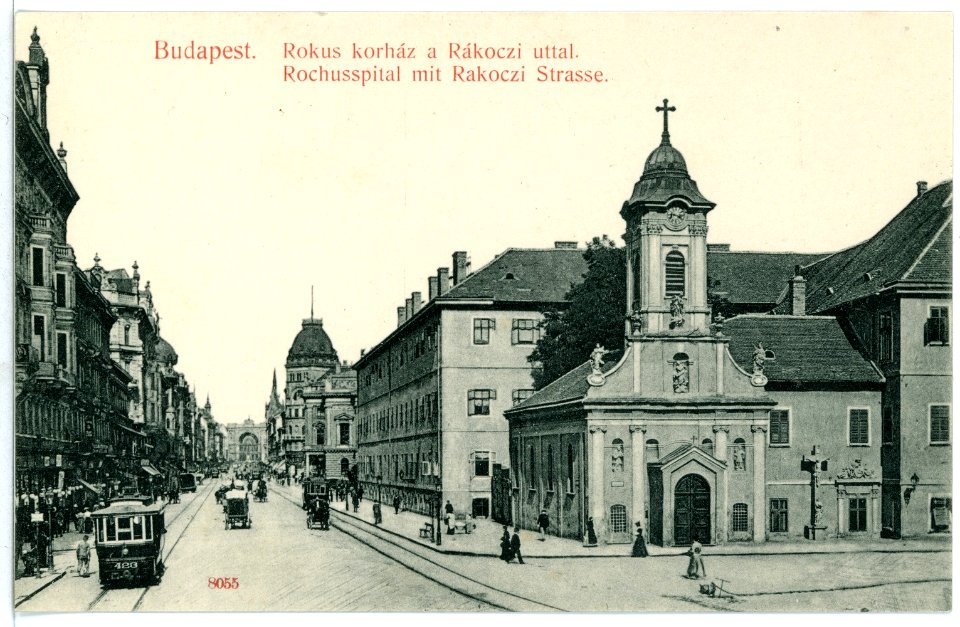 08055-Budapest-1906-Rochusspital mit Rakoczistraße und Straßenbahn-Brück & Sohn Kunstverlag