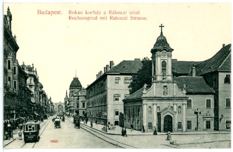 08055-Budapest-1906-Rochusspital mit Rakoczistraße und Straßenbahn-Brück & Sohn Kunstverlag