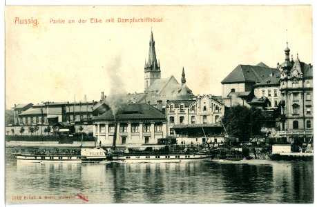 07812-Aussig-1906-Elbansicht mit Dampfschiffhotel und Dampfer Pillnitz-Brück & Sohn Kunstverlag