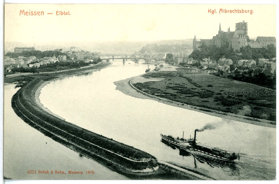 06371-Meißen-1905-Blick von Proschwitz auf die Elbe mit Dampfer und Albrechtsburg-Brück & Sohn Kunstverlag