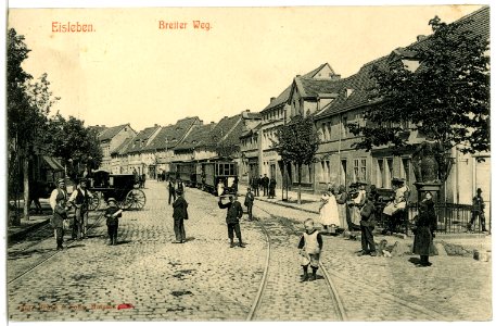 06627-Eisleben-1905-Breiter Weg mit Straßenbahn und Pferdewagen-Brück & Sohn Kunstverlag