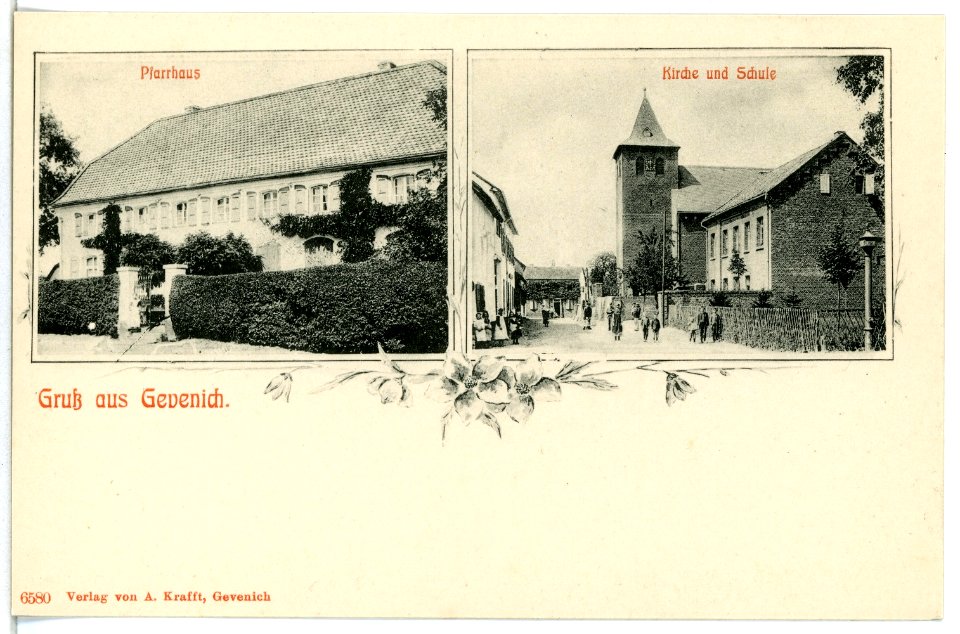 06580-Gevenich-1905-Pfarrhaus, Kirche und Schule-Brück & Sohn Kunstverlag