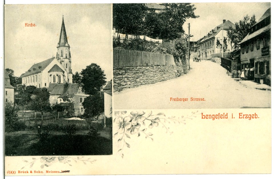 06900-Lengefeld-1906-Freiberger Straße und Kirche-Brück & Sohn Kunstverlag