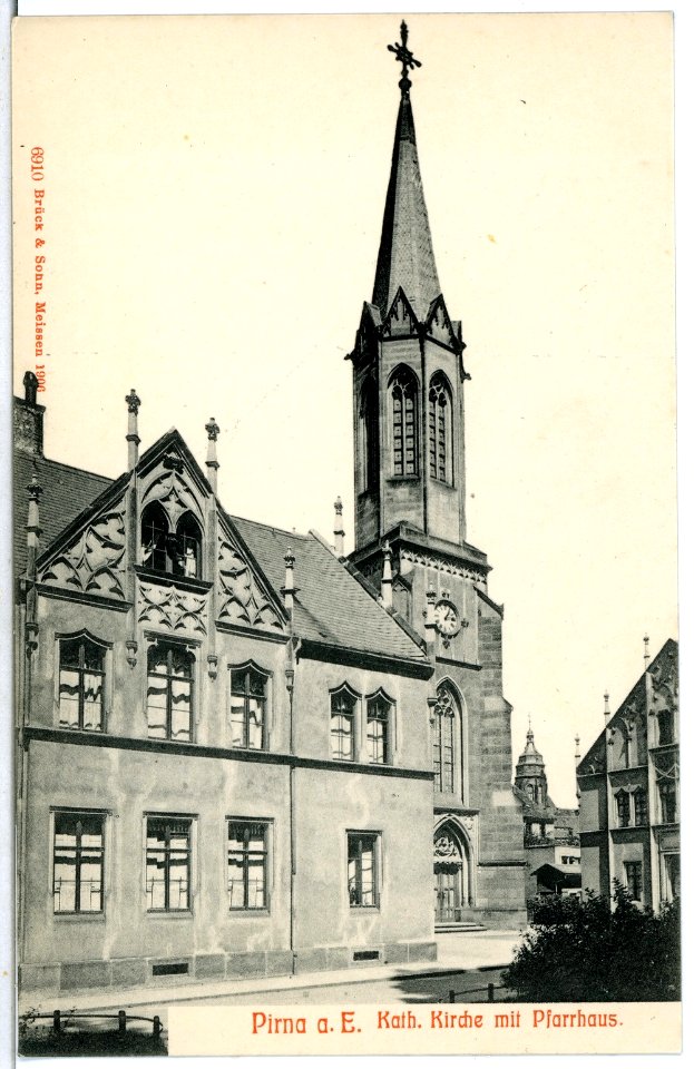 06910-Pirna-1906-Katholische Kirche mit Pfarrhaus-Brück & Sohn Kunstverlag