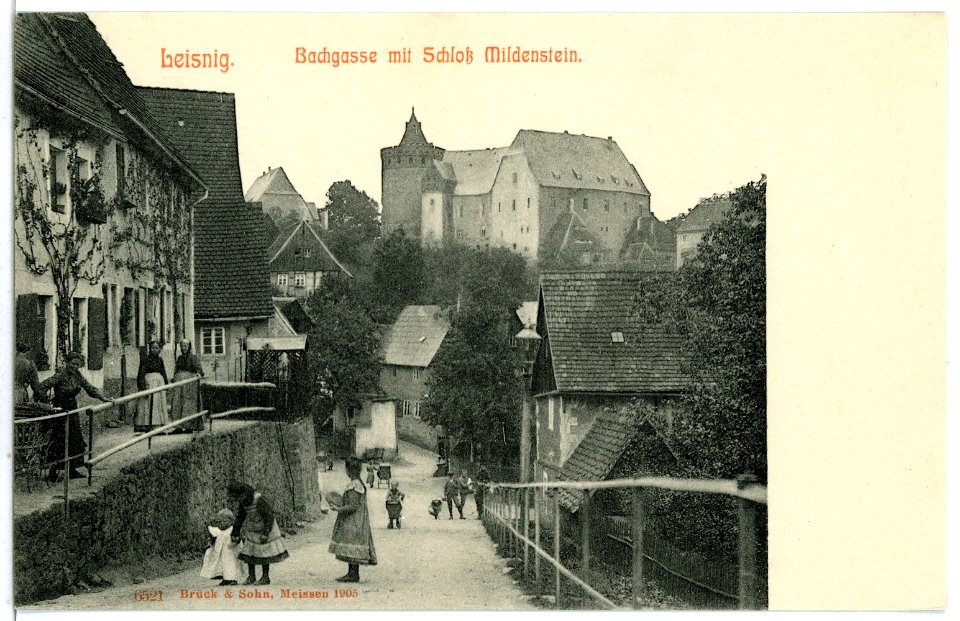06521-Leisnig-1905-Bachgasse mit Schloß Mildenstein-Brück & Sohn Kunstverlag