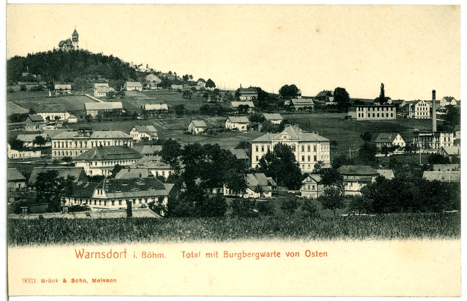 09031-Warnsdorf-1907-Blick auf Warnsdorf mit Burgbergwarte-Brück & Sohn Kunstverlag