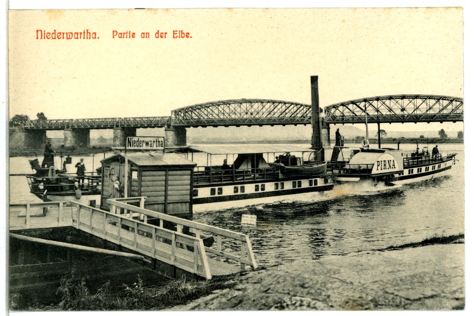 07053-Niederwartha-1906-Elbebrücke mit Dampfer Pirna, Dampferanlegestelle-Brück & Sohn Kunstverlag