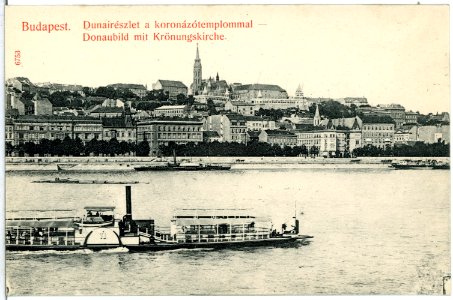 06753-Budapest-1905-Donaubild mit Dampfschiff und Krönungskirche-Brück & Sohn Kunstverlag