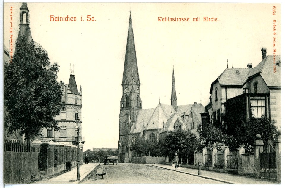 06364-Hainichen-1905-Wettinstraße mit Kirche-Brück & Sohn Kunstverlag