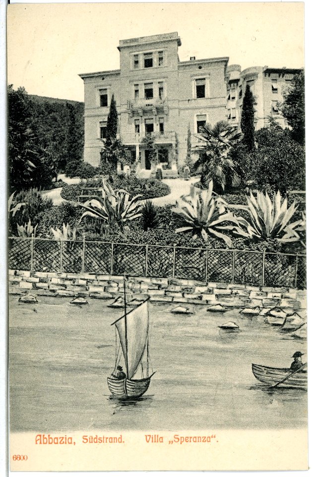 06600-Abbazia-1905-Südstrand mit Segelboot - Villa Speranza-Brück & Sohn Kunstverlag