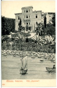 06600-Abbazia-1905-Südstrand mit Segelboot - Villa Speranza-Brück & Sohn Kunstverlag