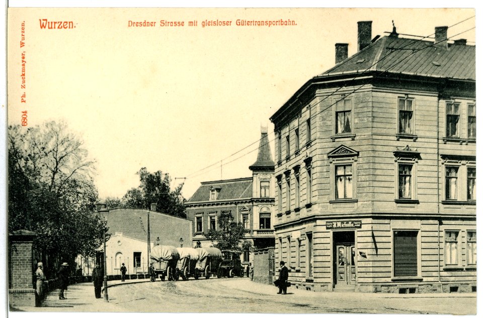 06804-Wurzen-1905-Dresdner Straße mit gleisloser Gütertransportbahn-Brück & Sohn Kunstverlag