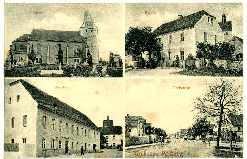08920-Paußnitz-1907-Kirche, Schule, Gasthof, Dorfstraße-Brück & Sohn Kunstverlag