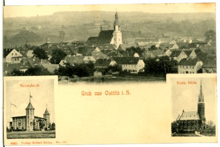 06665-Ostritz-1905-Hutbergbaude, Evangelische Kirche, Ortsansicht-Brück & Sohn Kunstverlag