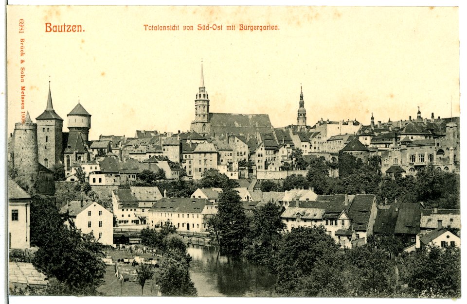06981-Bautzen-1906-Stadtansicht von Südosten mit Bürgergarten-Brück & Sohn Kunstverlag