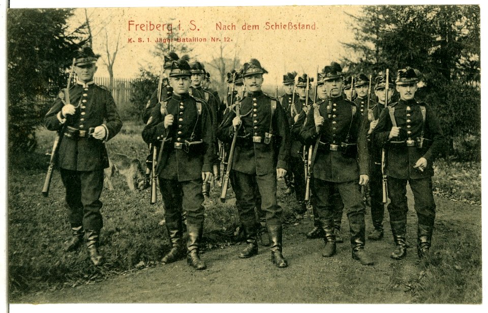07091-Freiberg-1906-1. Königlich Sächsisches Jäger-Bataillon Nr. 12 - Nach dem Schießstand-Brück & Sohn Kunstverlag