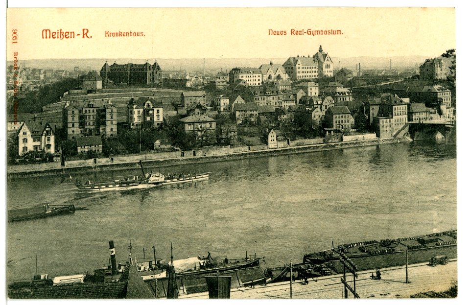 09051-Meißen-1907-Krankenhaus, Realgymnasium, Dampfer Saxonia-Brück & Sohn Kunstverlag