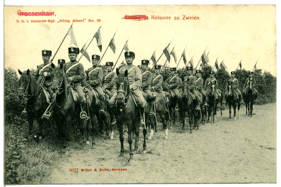 09377-Großenhain-1907-Einzug in Kolonne zu Zweien - Husaren-Regiment Nr. 18-Brück & Sohn Kunstverlag