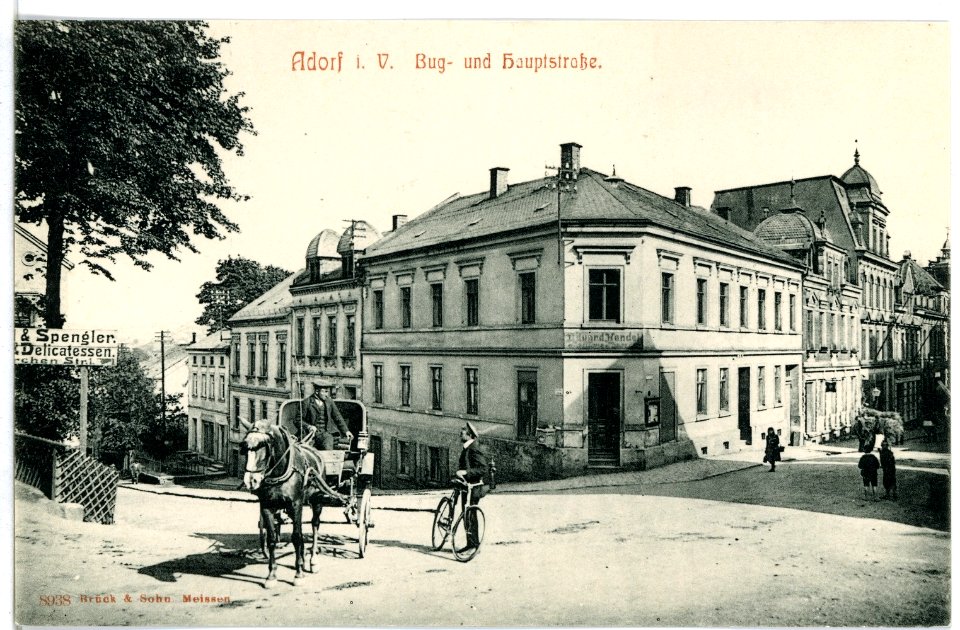 08938-Adorf-1907-Bug- und Hauptstraße mit Pferdekutsche-Brück & Sohn Kunstverlag