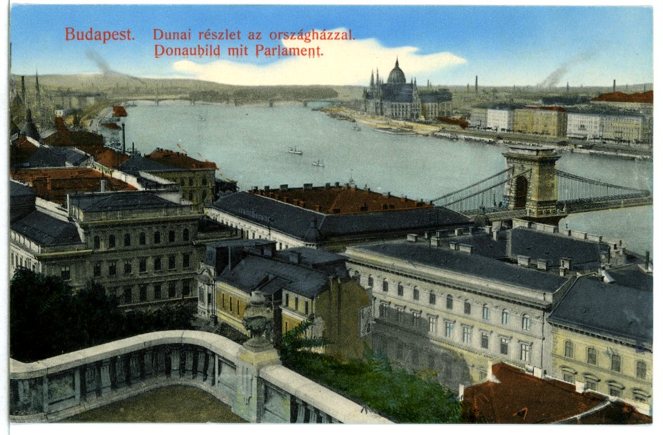 09408-Budapest-1908-Donaubild mit Parlament-Brück & Sohn Kunstverlag