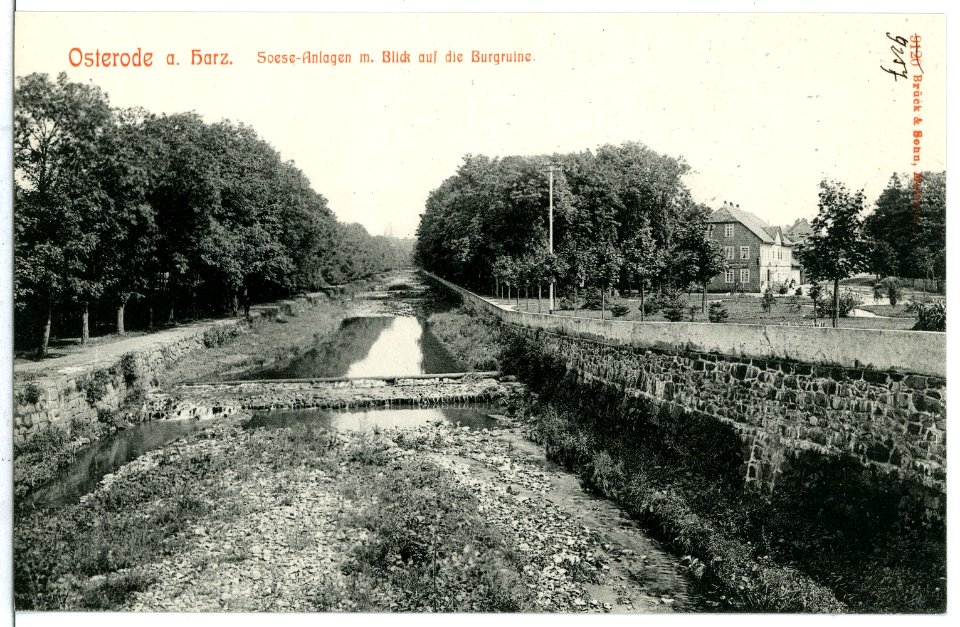09257-Osterode-Harz-1907-Soese-Anlagen mit Blick auf die Burgruine-Brück & Sohn Kunstverlag