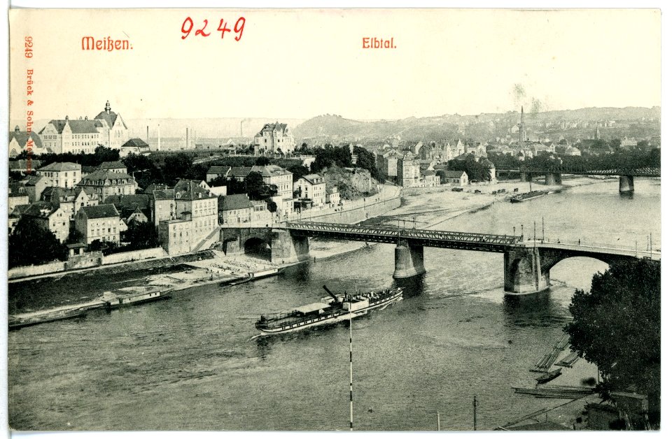 09249-Meißen-1907-Elbtal mit Brücken und Dampfer, Meißen - Rechts-Brück & Sohn Kunstverlag