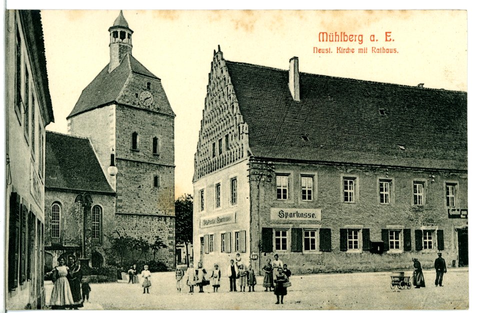 09472-Mühlberg-Elbe-1908-Neustädter Kirche mit Rathaus-Brück & Sohn Kunstverlag