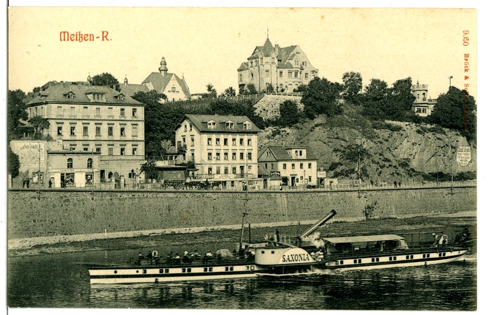 09050-Meißen-1907-Blick zum Ratsweinberg-Elbe mit Dampfer Saxonia-Brück & Sohn Kunstverlag