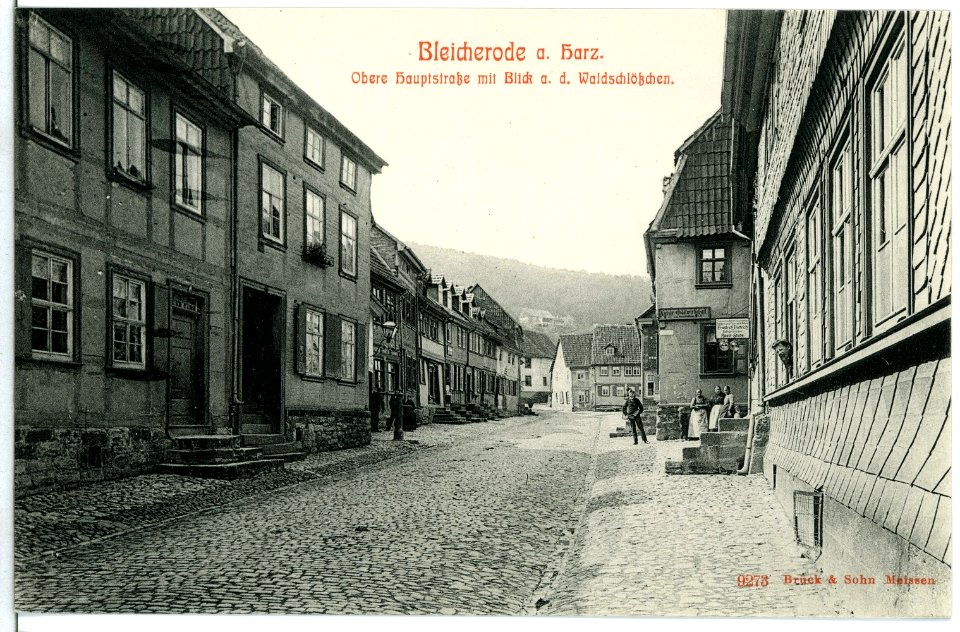 09273-Bleicherode-1907-Obere Hauptstraße mit Blick auf das Waldschlößchen-Brück & Sohn Kunstverlag