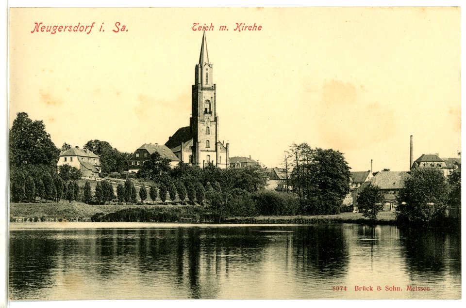 08074-Neugersdorf-1906-Kirche und Teich-Brück & Sohn Kunstverlag