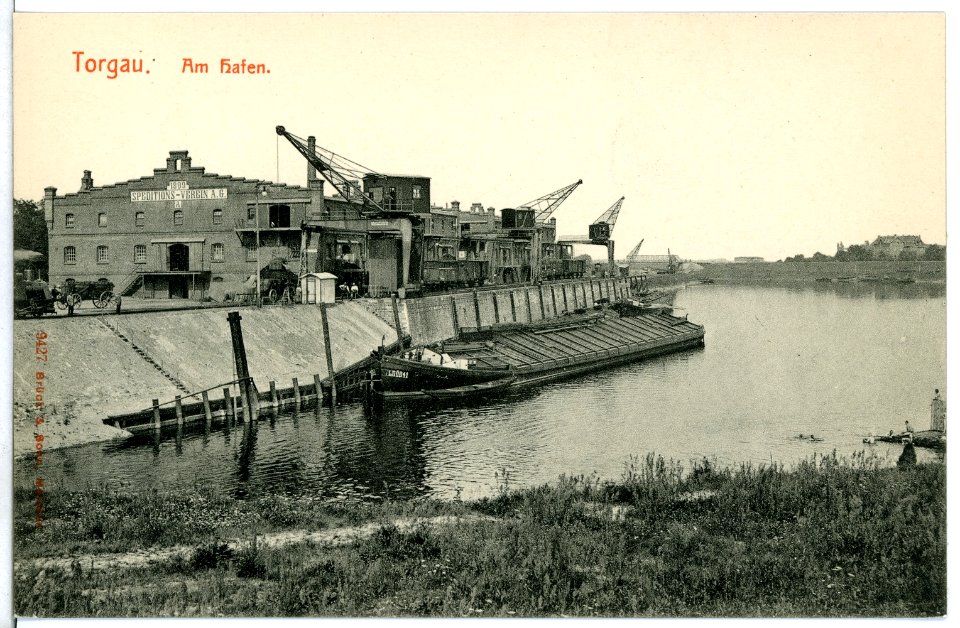 09427-Torgau-1908-Hafen mit Frachtkahn-Brück & Sohn Kunstverlag