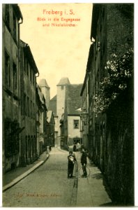 09123-Freiberg-1907-Blick in die Engergasse und Nikolaikirche-Brück & Sohn Kunstverlag