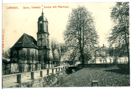 08771-Lohmen-1907-Kirche mit Pfarrhaus-Brück & Sohn Kunstverlag